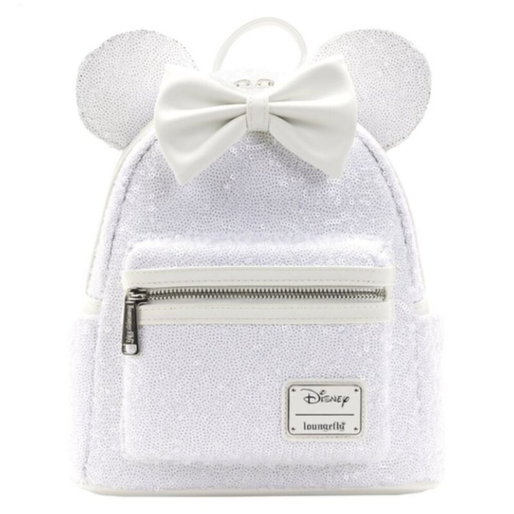 Disney Loungefly Minnie Mouse White Wedding Sequin Mini Backpack